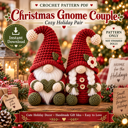 Christmas Gnome Couple Crochet Pattern PDF | Male & Female Amigurumi Shelf Sitters | Holiday Home Decor | Instant Digital Download