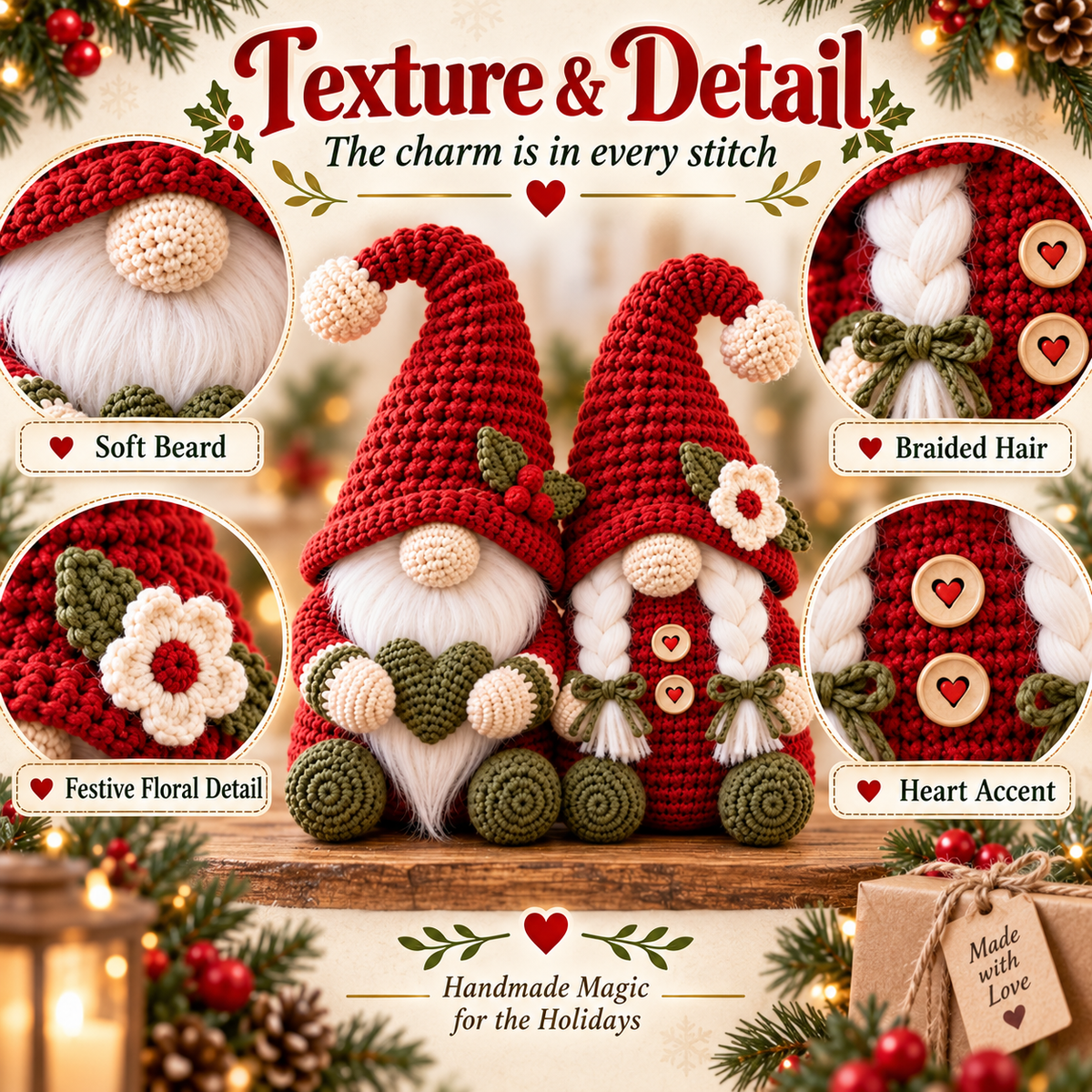 Christmas Gnome Couple Crochet Pattern PDF | Male & Female Amigurumi Shelf Sitters | Holiday Home Decor | Instant Digital Download