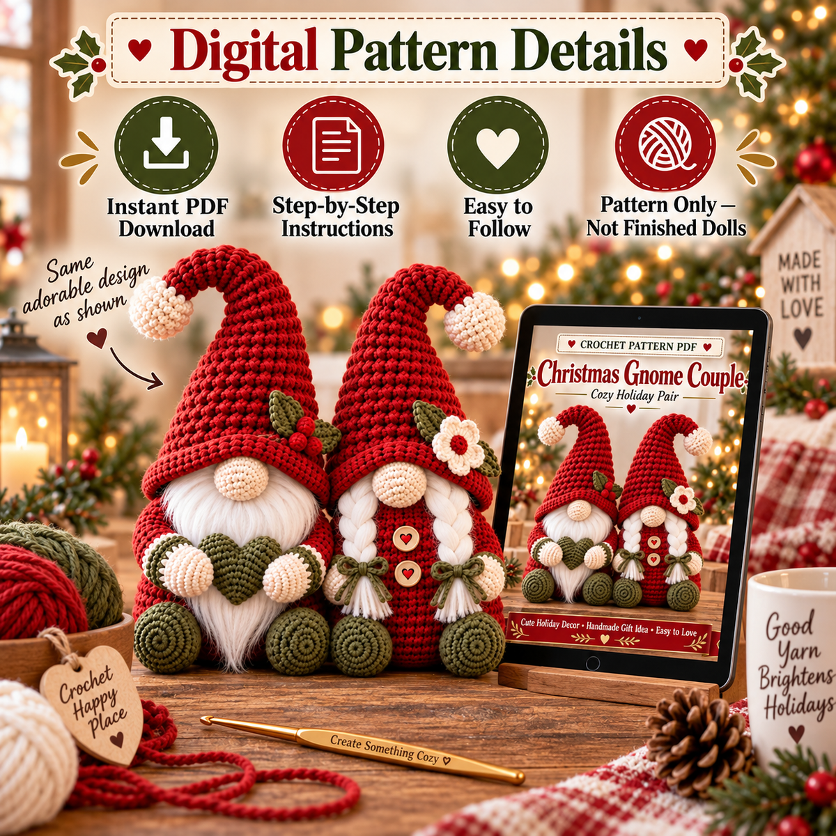 Christmas Gnome Couple Crochet Pattern PDF | Male & Female Amigurumi Shelf Sitters | Holiday Home Decor | Instant Digital Download