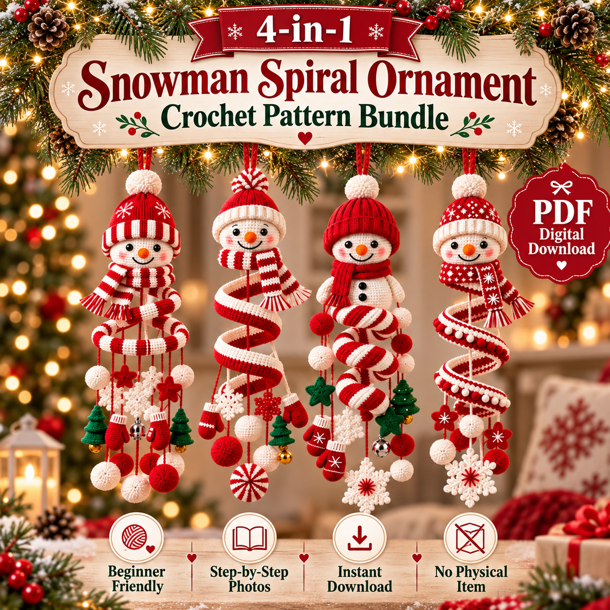 Snowman Spiral Hanging Crochet Pattern PDF | Christmas Snowman Ornament | Winter Amigurumi Mobile | Holiday Hanging Decor