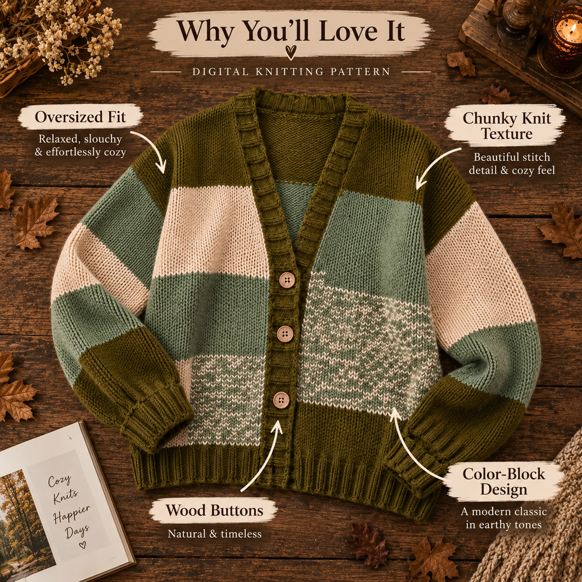 Cottagecore Patchwork Cardigan Crochet Pattern PDF | Oversized Color Block Sweater | V-Neck Balloon Sleeve Cardigan | Fall Crochet Pattern