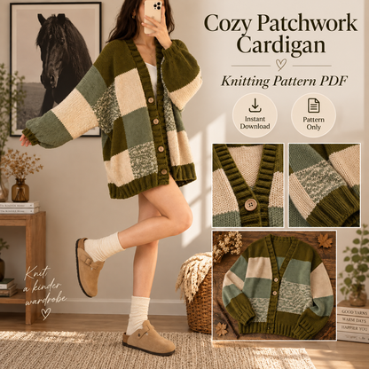 Cottagecore Patchwork Cardigan Crochet Pattern PDF | Oversized Color Block Sweater | V-Neck Balloon Sleeve Cardigan | Fall Crochet Pattern
