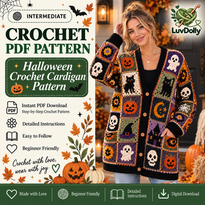 Halloween Crochet Cardigan Pattern PDF | Spooky Granny Square Patchwork Sweater | Pumpkin Ghost Cat Skull Crochet | Sizes XS–5XL | Digital Download
