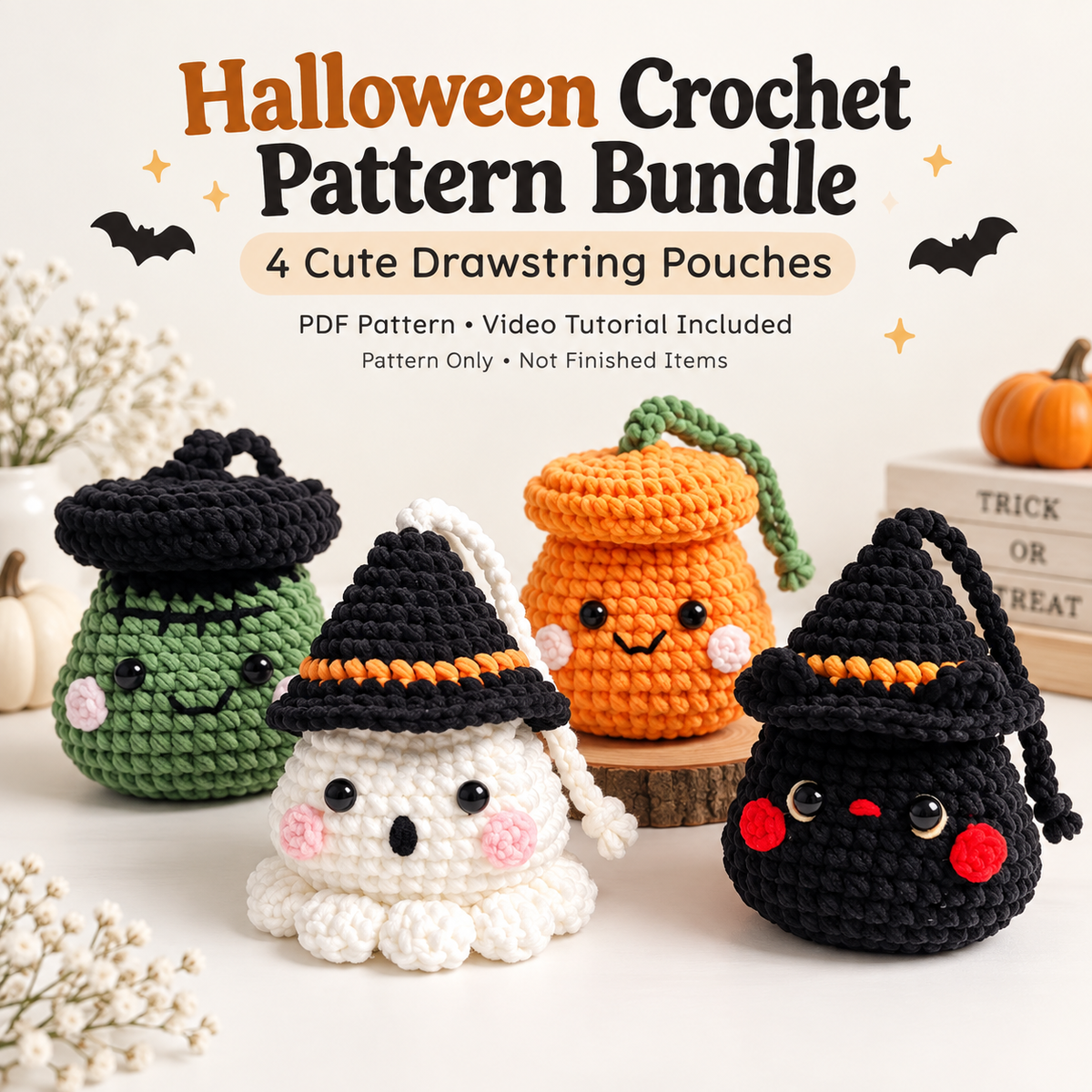 4-in-1 Halloween Drawstring Pouch Crochet Pattern PDF | Pumpkin, Ghost, Witch Cat & Frankenstein Mini Bags | Spooky Amigurumi Pattern