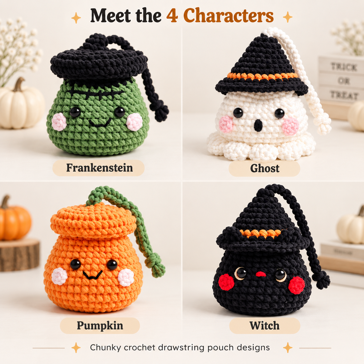 4-in-1 Halloween Drawstring Pouch Crochet Pattern PDF | Pumpkin, Ghost, Witch Cat & Frankenstein Mini Bags | Spooky Amigurumi Pattern
