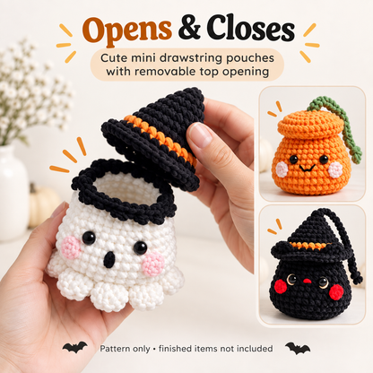 4-in-1 Halloween Drawstring Pouch Crochet Pattern PDF | Pumpkin, Ghost, Witch Cat & Frankenstein Mini Bags | Spooky Amigurumi Pattern