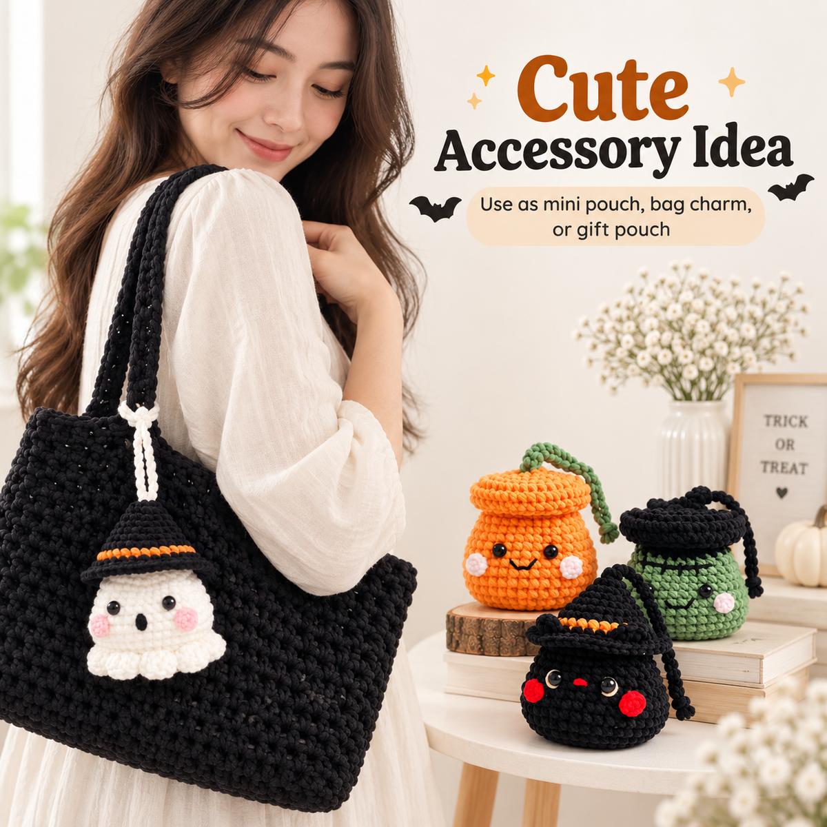 4-in-1 Halloween Drawstring Pouch Crochet Pattern PDF | Pumpkin, Ghost, Witch Cat & Frankenstein Mini Bags | Spooky Amigurumi Pattern