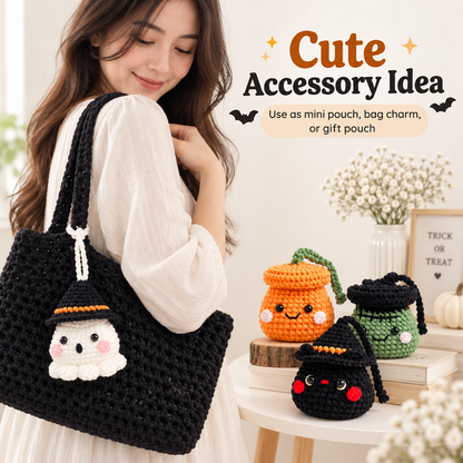 4-in-1 Halloween Drawstring Pouch Crochet Pattern PDF | Pumpkin, Ghost, Witch Cat & Frankenstein Mini Bags | Spooky Amigurumi Pattern