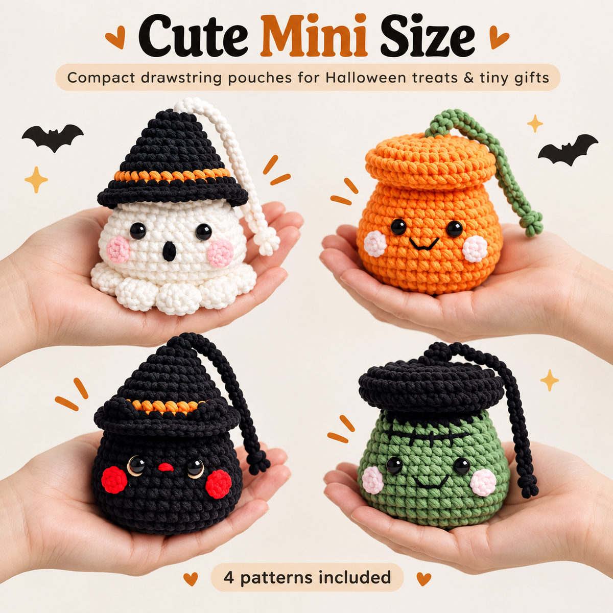 4-in-1 Halloween Drawstring Pouch Crochet Pattern PDF | Pumpkin, Ghost, Witch Cat & Frankenstein Mini Bags | Spooky Amigurumi Pattern