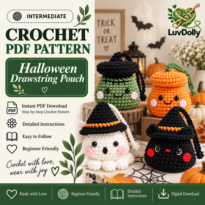 4-in-1 Halloween Drawstring Pouch Crochet Pattern PDF | Pumpkin, Ghost, Witch Cat & Frankenstein Mini Bags | Spooky Amigurumi Pattern