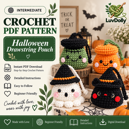 4-in-1 Halloween Drawstring Pouch Crochet Pattern PDF | Pumpkin, Ghost, Witch Cat & Frankenstein Mini Bags | Spooky Amigurumi Pattern