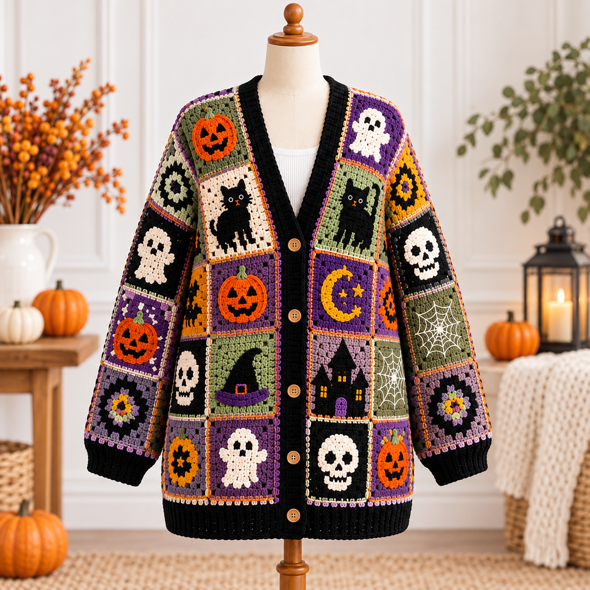 Halloween Crochet Cardigan Pattern PDF | Spooky Granny Square Patchwork Sweater | Pumpkin Ghost Cat Skull Crochet | Sizes XS–5XL | Digital Download
