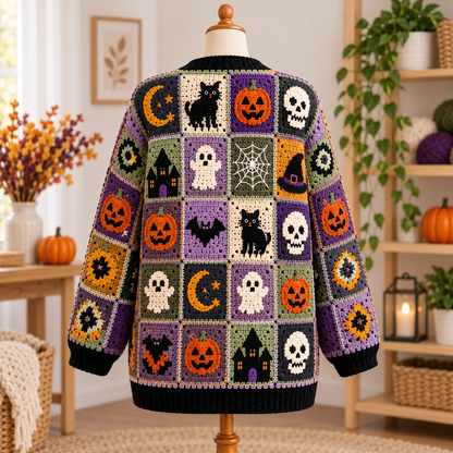 Halloween Crochet Cardigan Pattern PDF | Spooky Granny Square Patchwork Sweater | Pumpkin Ghost Cat Skull Crochet | Sizes XS–5XL | Digital Download