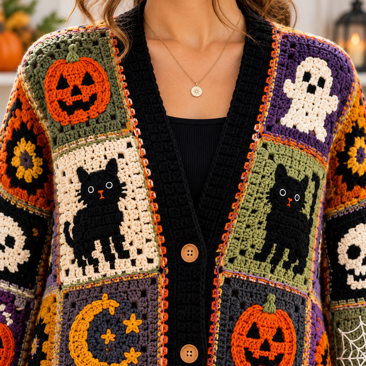 Halloween Crochet Cardigan Pattern PDF | Spooky Granny Square Patchwork Sweater | Pumpkin Ghost Cat Skull Crochet | Sizes XS–5XL | Digital Download