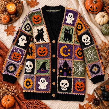 Halloween Crochet Cardigan Pattern PDF | Spooky Granny Square Patchwork Sweater | Pumpkin Ghost Cat Skull Crochet | Sizes XS–5XL | Digital Download