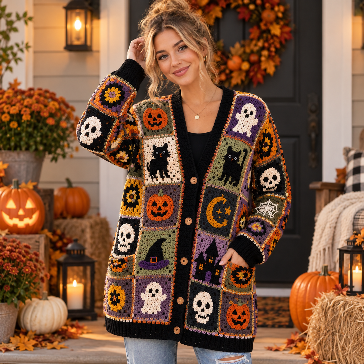 Halloween Crochet Cardigan Pattern PDF | Spooky Granny Square Patchwork Sweater | Pumpkin Ghost Cat Skull Crochet | Sizes XS–5XL | Digital Download