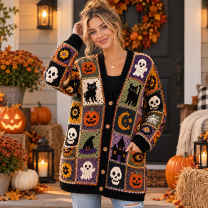 Halloween Crochet Cardigan Pattern PDF | Spooky Granny Square Patchwork Sweater | Pumpkin Ghost Cat Skull Crochet | Sizes XS–5XL | Digital Download