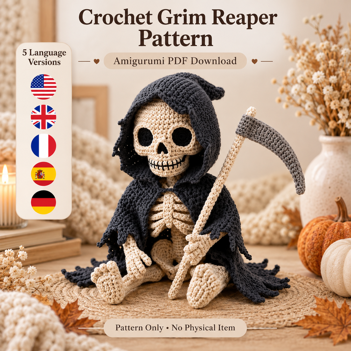Grim Reaper Skeleton Crochet Pattern PDF | Gothic Amigurumi Doll with Scythe | Halloween Crochet Decor | 4 Languages | Instant Download
