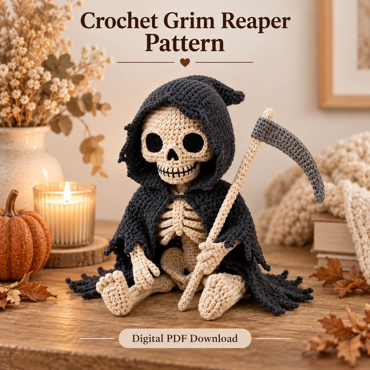 Grim Reaper Skeleton Crochet Pattern PDF | Gothic Amigurumi Doll with Scythe | Halloween Crochet Decor | 4 Languages | Instant Download
