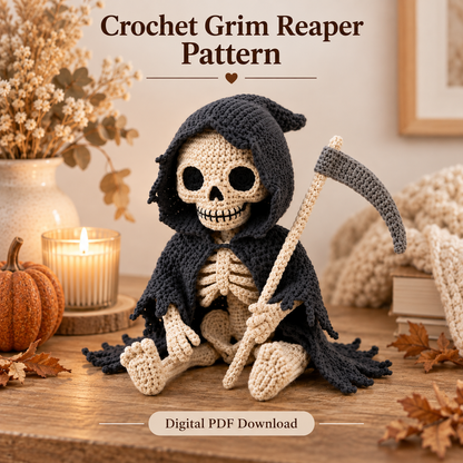 Grim Reaper Skeleton Crochet Pattern PDF | Gothic Amigurumi Doll with Scythe | Halloween Crochet Decor | 4 Languages | Instant Download