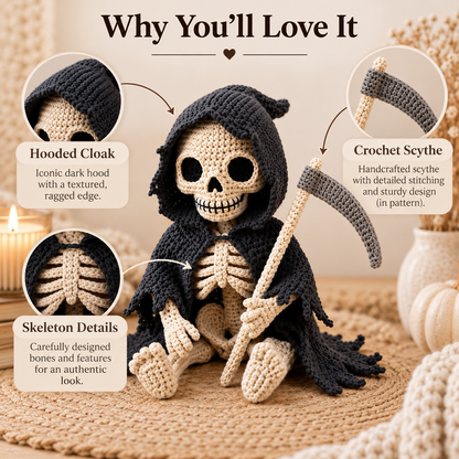 Grim Reaper Skeleton Crochet Pattern PDF | Gothic Amigurumi Doll with Scythe | Halloween Crochet Decor | 4 Languages | Instant Download