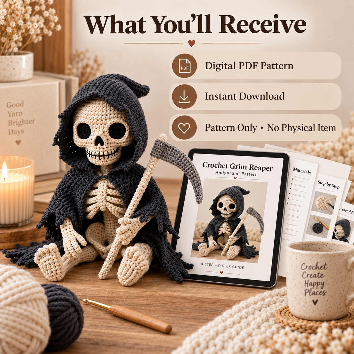 Grim Reaper Skeleton Crochet Pattern PDF | Gothic Amigurumi Doll with Scythe | Halloween Crochet Decor | 4 Languages | Instant Download
