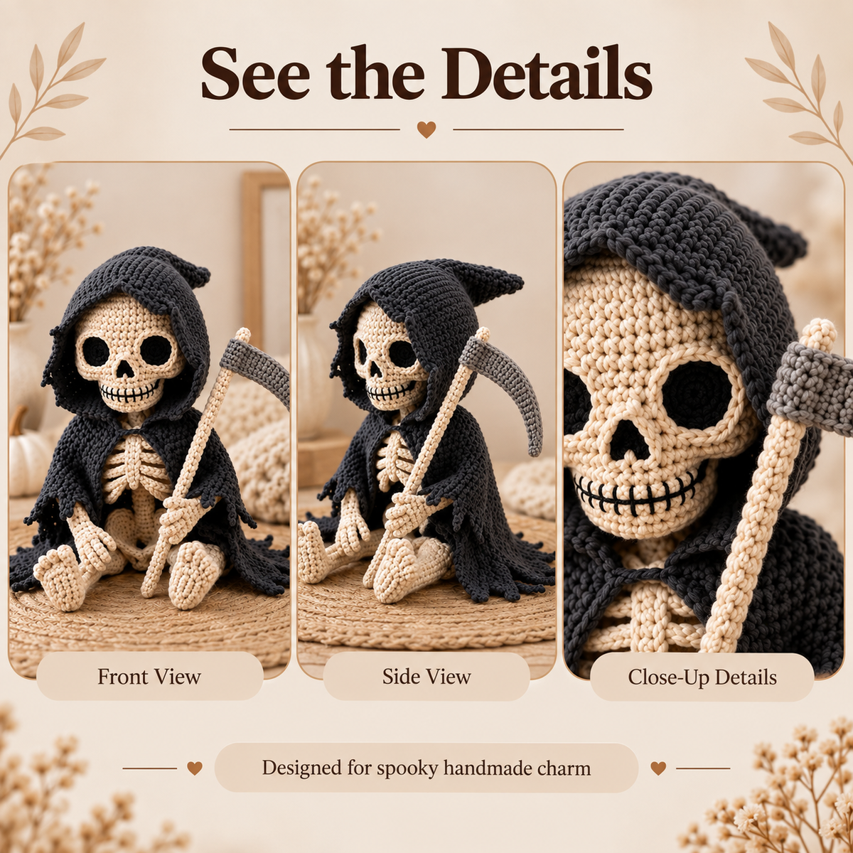 Grim Reaper Skeleton Crochet Pattern PDF | Gothic Amigurumi Doll with Scythe | Halloween Crochet Decor | 4 Languages | Instant Download