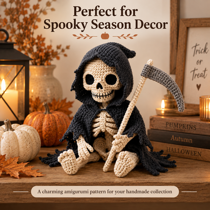 Grim Reaper Skeleton Crochet Pattern PDF | Gothic Amigurumi Doll with Scythe | Halloween Crochet Decor | 4 Languages | Instant Download