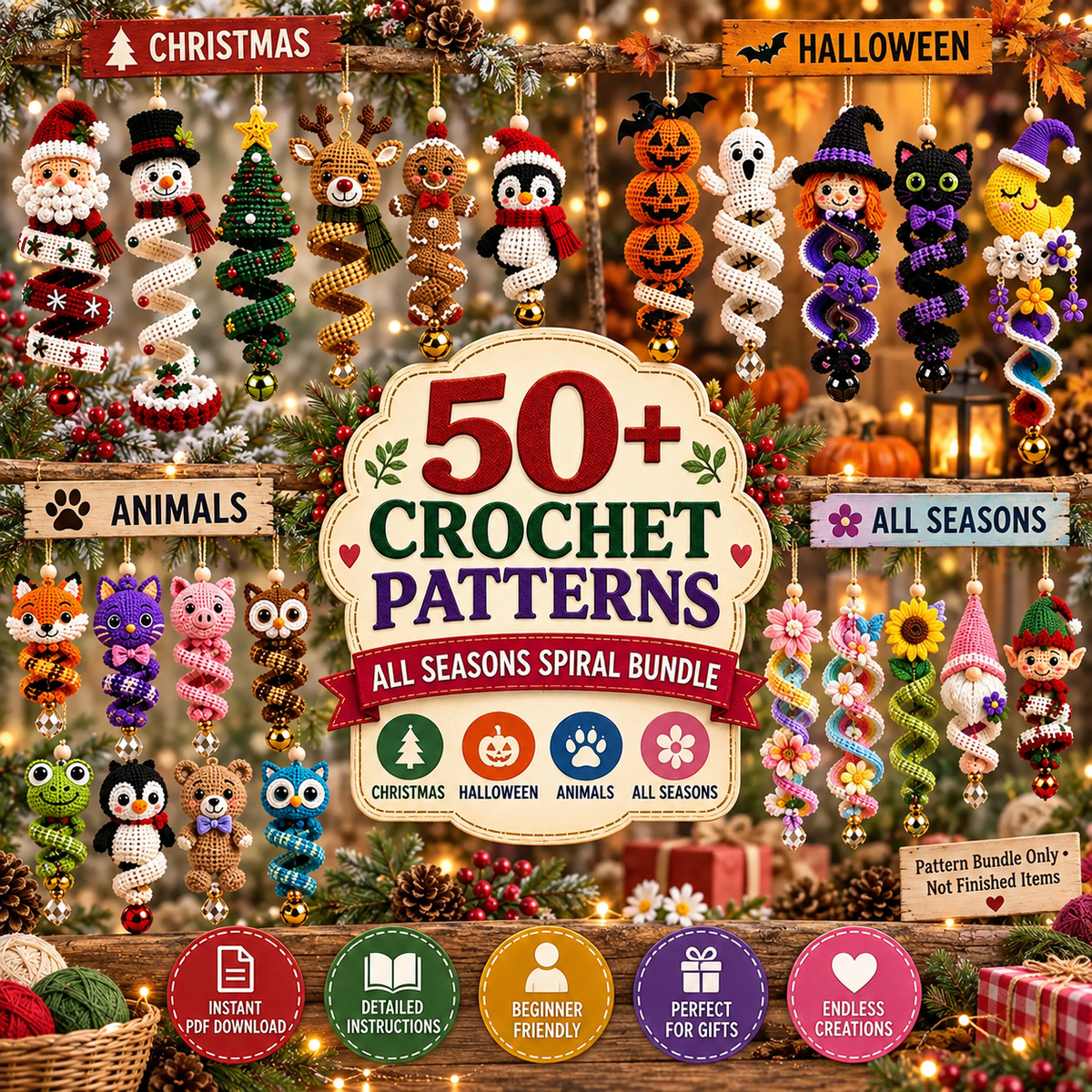 50+ Crochet Spiral Pattern Bundle PDF | Christmas & Halloween Hanging Ornaments | Holiday Wind Spinner Amigurumi | Instant Download