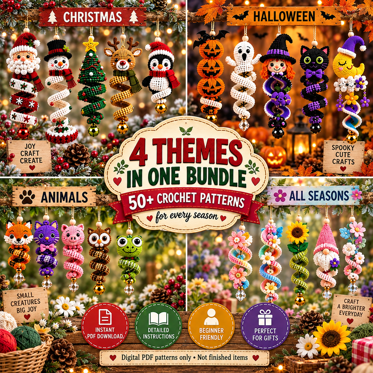 50+ Crochet Spiral Pattern Bundle PDF | Christmas & Halloween Hanging Ornaments | Holiday Wind Spinner Amigurumi | Instant Download