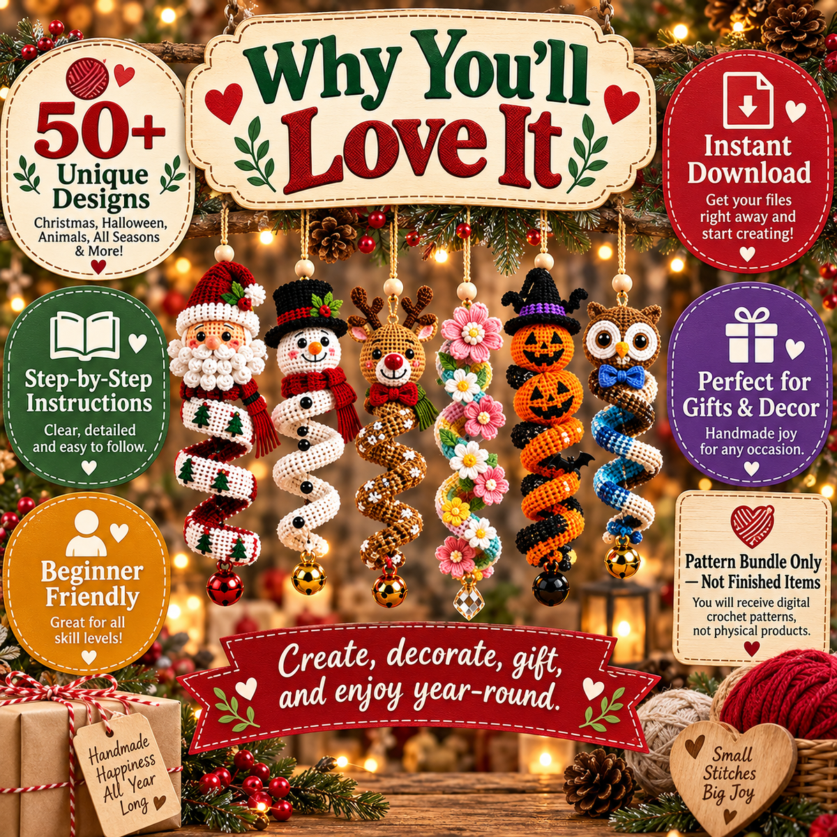 50+ Crochet Spiral Pattern Bundle PDF | Christmas & Halloween Hanging Ornaments | Holiday Wind Spinner Amigurumi | Instant Download