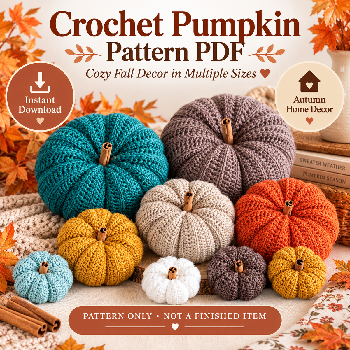 Crochet Pumpkin Pattern PDF | 6 Sizes Easy Ribbed Pumpkins | Fall & Thanksgiving Decor | Pumpkin Garland & Wreath Crochet Pattern