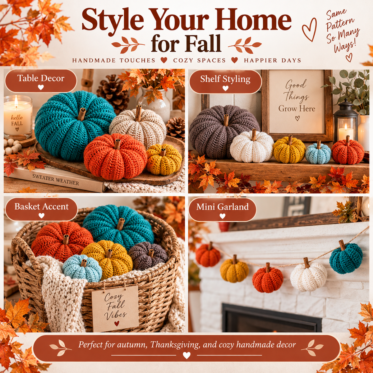 Crochet Pumpkin Pattern PDF | 6 Sizes Easy Ribbed Pumpkins | Fall & Thanksgiving Decor | Pumpkin Garland & Wreath Crochet Pattern