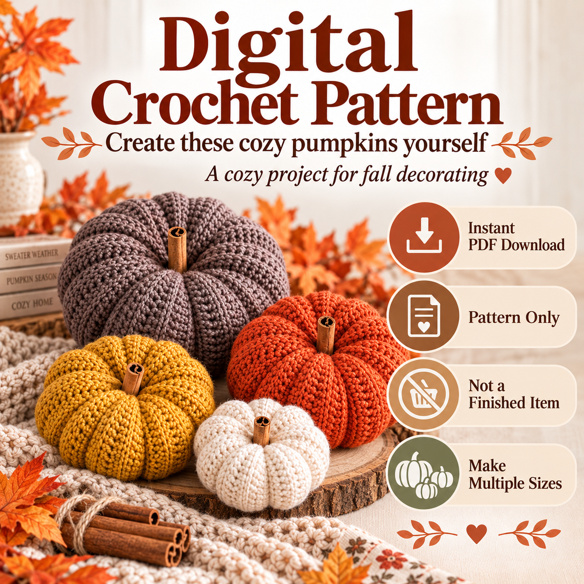 Crochet Pumpkin Pattern PDF | 6 Sizes Easy Ribbed Pumpkins | Fall & Thanksgiving Decor | Pumpkin Garland & Wreath Crochet Pattern