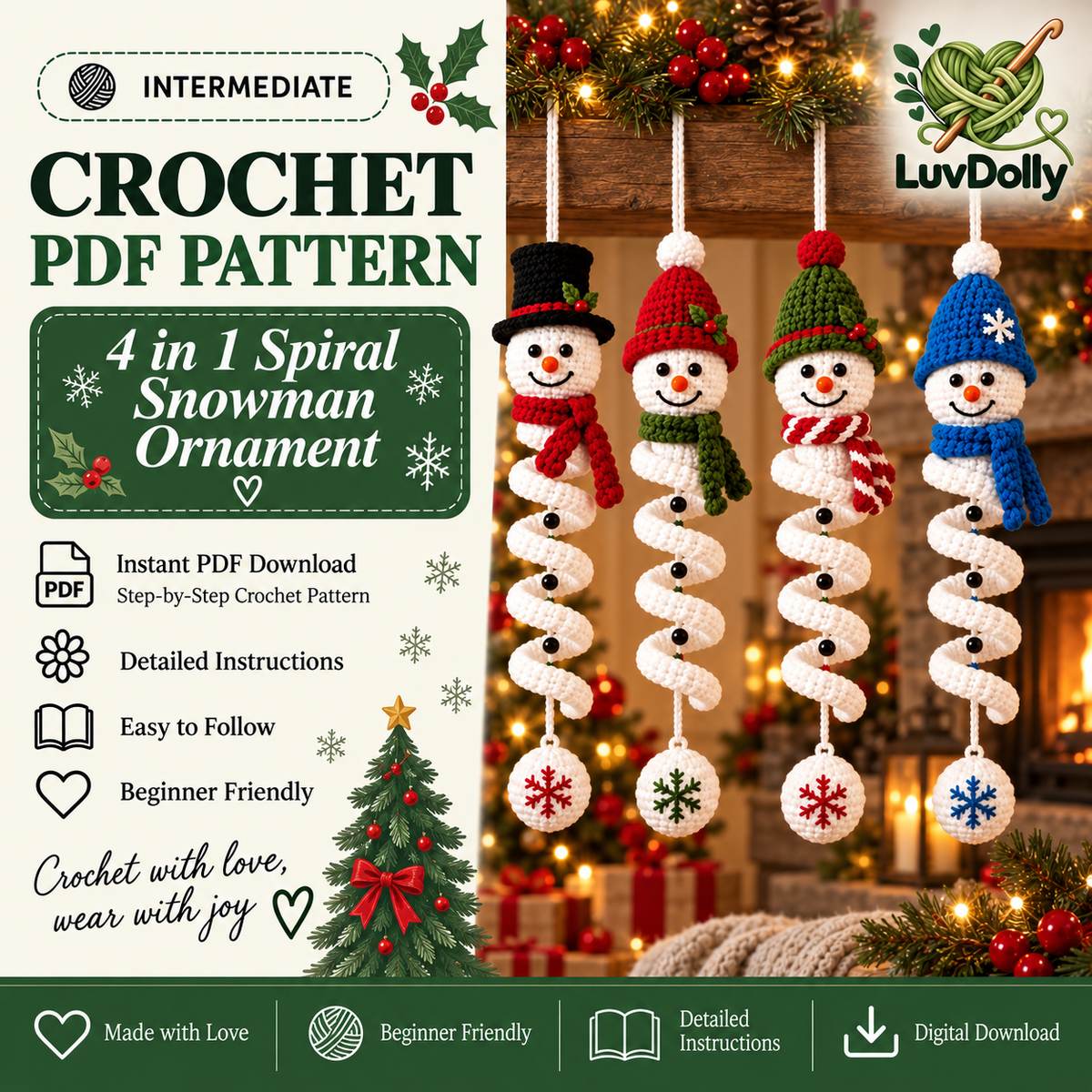 4-in-1 Spiral Snowman Crochet Pattern PDF | Christmas Hanging Ornament Pattern | Snowman Wind Spinner Decor | Holiday Crochet Pattern | Digital Download