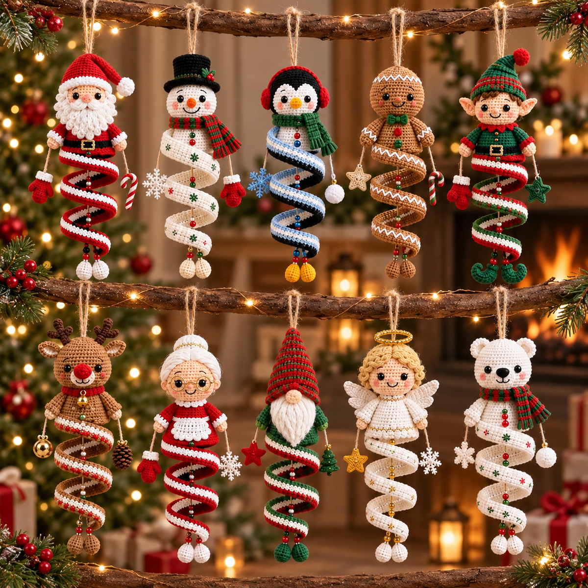 10-in-1 Christmas Spiral Ornament Crochet Pattern Bundle PDF | Santa, Snowman, Reindeer, Elf, Gnome & Angel Hanging Amigurumi Decor