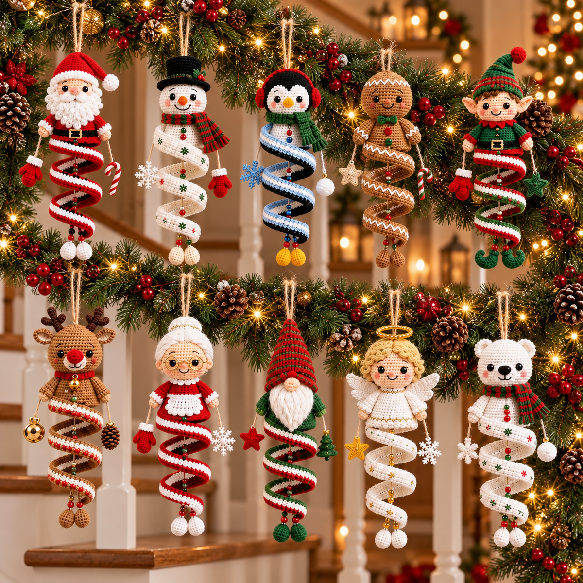 10-in-1 Christmas Spiral Ornament Crochet Pattern Bundle PDF | Santa, Snowman, Reindeer, Elf, Gnome & Angel Hanging Amigurumi Decor