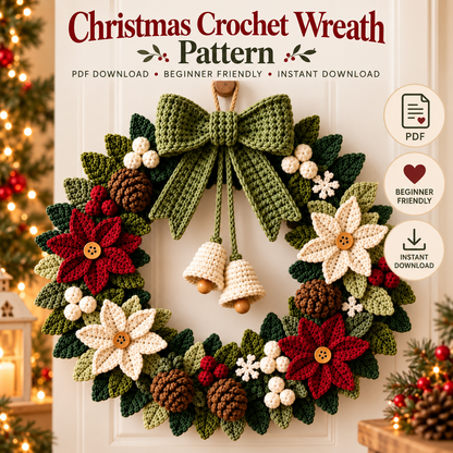 Christmas Door Wreath Crochet Pattern PDF | Poinsettia, Pinecone & Bow Holiday Wreath | Winter Christmas Home Decor | Digital Download