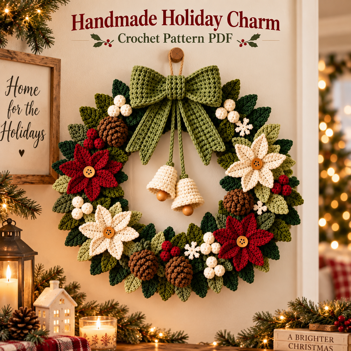 Christmas Door Wreath Crochet Pattern PDF | Poinsettia, Pinecone & Bow Holiday Wreath | Winter Christmas Home Decor | Digital Download