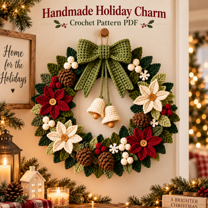 Christmas Door Wreath Crochet Pattern PDF | Poinsettia, Pinecone & Bow Holiday Wreath | Winter Christmas Home Decor | Digital Download