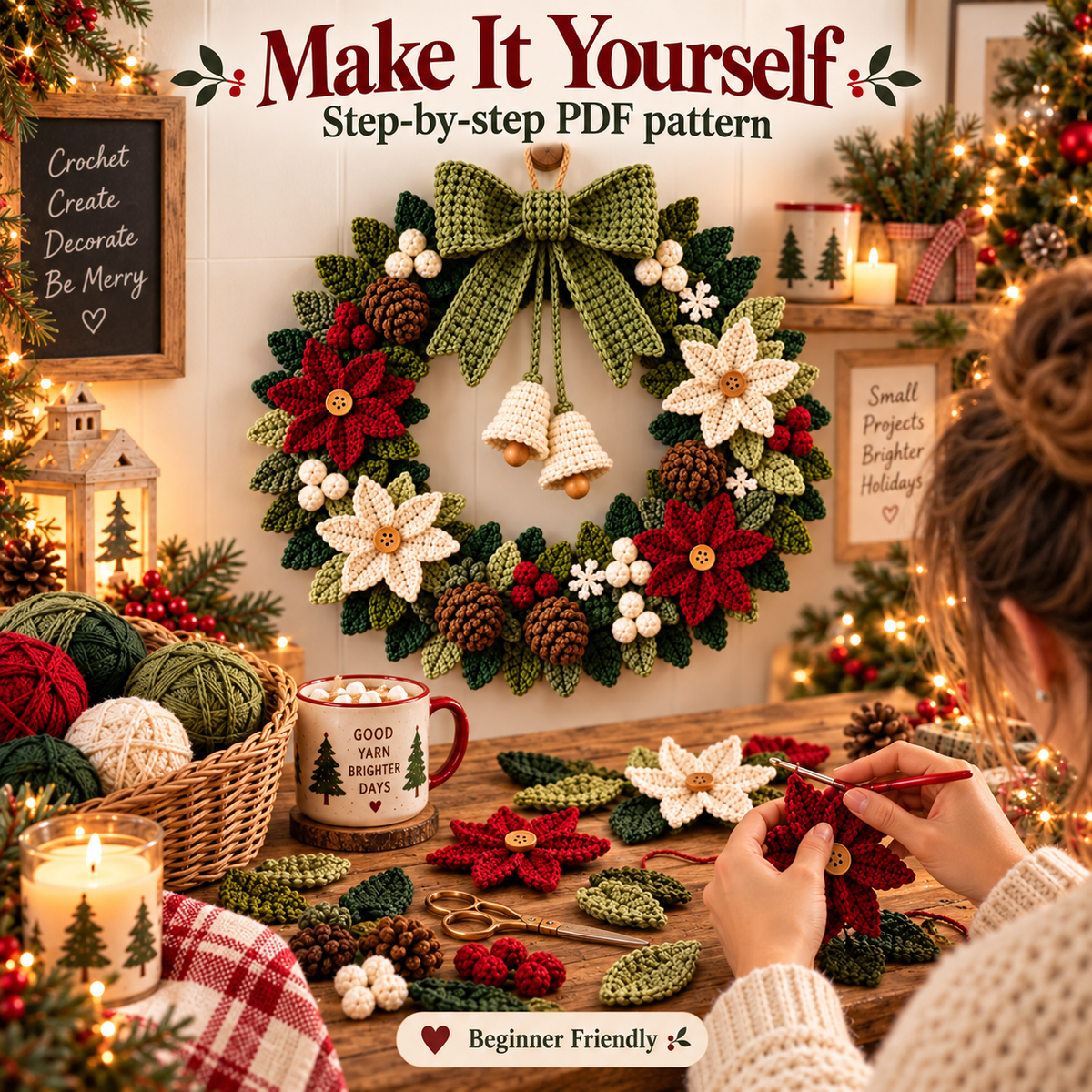 Christmas Door Wreath Crochet Pattern PDF | Poinsettia, Pinecone & Bow Holiday Wreath | Winter Christmas Home Decor | Digital Download