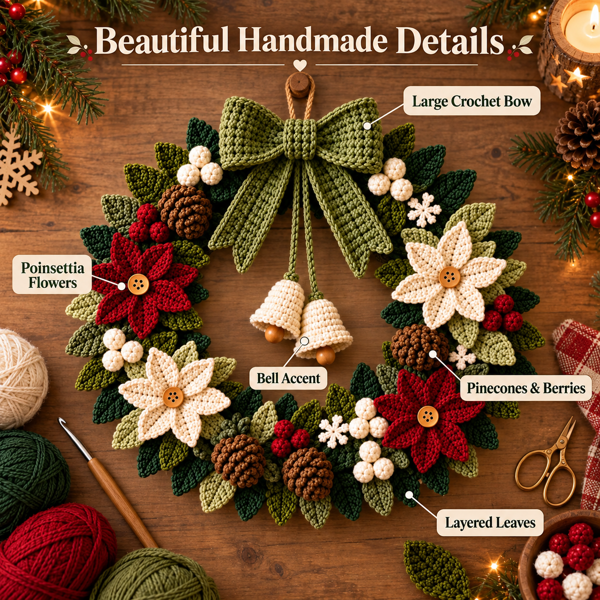 Christmas Door Wreath Crochet Pattern PDF | Poinsettia, Pinecone & Bow Holiday Wreath | Winter Christmas Home Decor | Digital Download