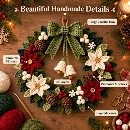 Christmas Door Wreath Crochet Pattern PDF | Poinsettia, Pinecone & Bow Holiday Wreath | Winter Christmas Home Decor | Digital Download