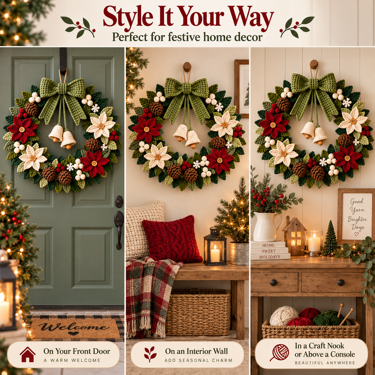 Christmas Door Wreath Crochet Pattern PDF | Poinsettia, Pinecone & Bow Holiday Wreath | Winter Christmas Home Decor | Digital Download