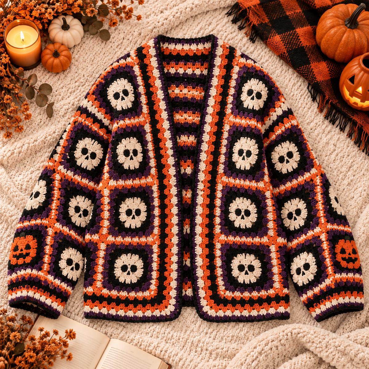 Halloween Skull Crochet Cardigan Pattern PDF | Gothic Granny Square Sweater | Spooky Skeleton Cardigan | Halloween Crochet Pattern | Digital Download