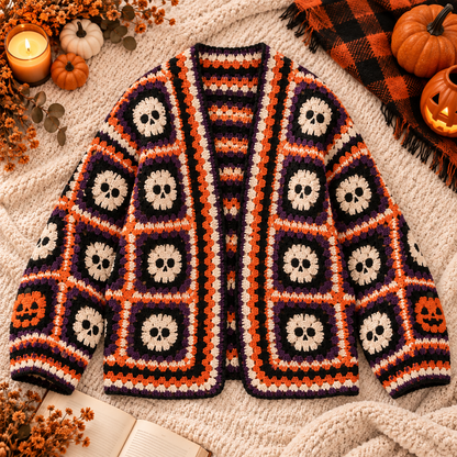 Halloween Skull Crochet Cardigan Pattern PDF | Gothic Granny Square Sweater | Spooky Skeleton Cardigan | Halloween Crochet Pattern | Digital Download