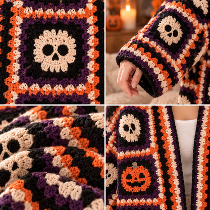 Halloween Skull Crochet Cardigan Pattern PDF | Gothic Granny Square Sweater | Spooky Skeleton Cardigan | Halloween Crochet Pattern | Digital Download