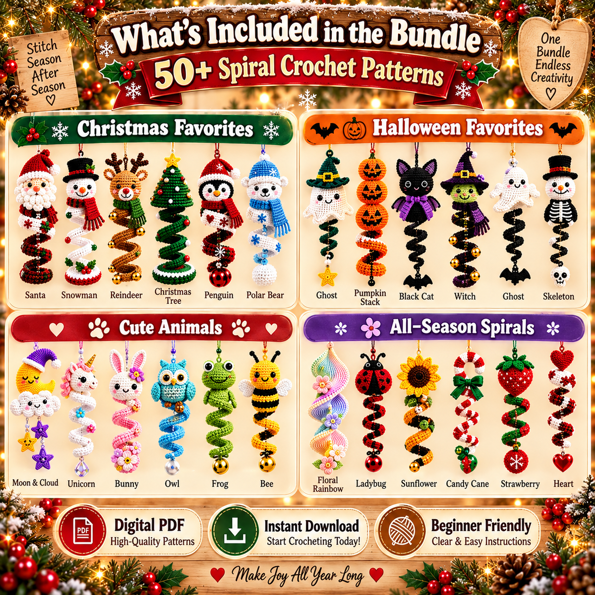 50+ Halloween & Christmas Crochet Spiral Pattern Bundle PDF | Hanging Holiday Ornaments & Wind Spinners | 5-Part Digital Download