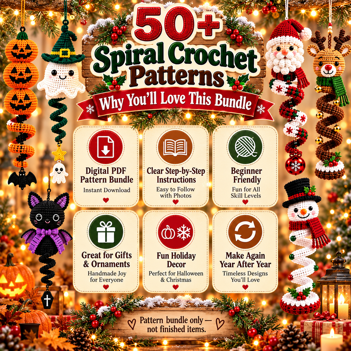 50+ Halloween & Christmas Crochet Spiral Pattern Bundle PDF | Hanging Holiday Ornaments & Wind Spinners | 5-Part Digital Download