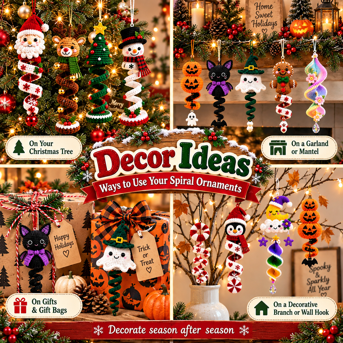 50+ Halloween & Christmas Crochet Spiral Pattern Bundle PDF | Hanging Holiday Ornaments & Wind Spinners | 5-Part Digital Download